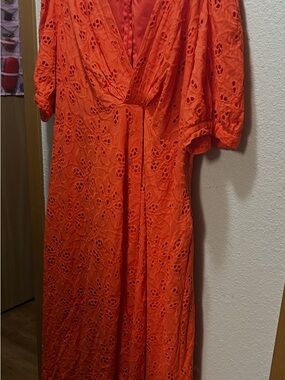 Maggy London Orange Eyelet Midi Dress with V-Neck